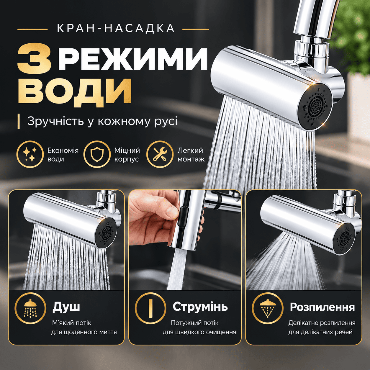 Насадка на кран з трьома режимами подачі води